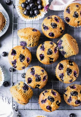 Top view of scattered keto blueberry muffins on a wire rack on a grey background with fresh blueberries