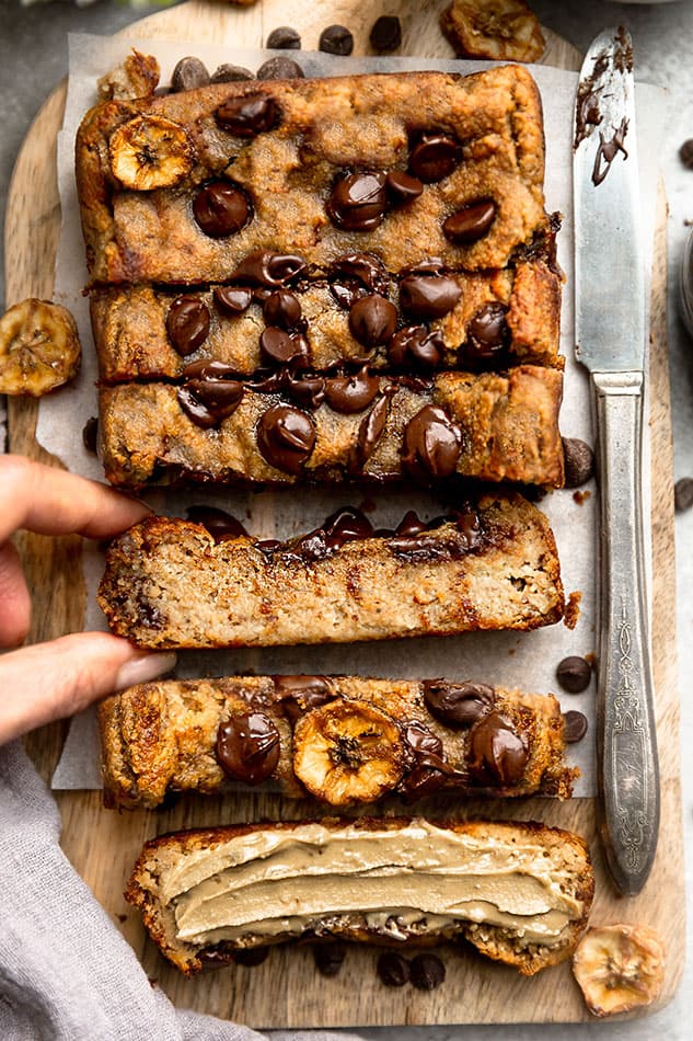 overhead image of paleo banana bread recipe with chocolate chips