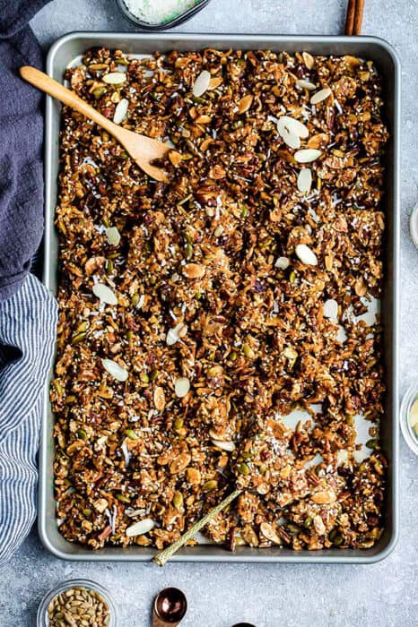 Top view of grain free granola on a baking sheet
