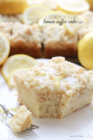 Greek Yogurt Lemon Coffee Cake - A bright and flavorful lightened up lemon coffee cake with a crunchy streusel topping and a sweet & tangy lemon glaze.