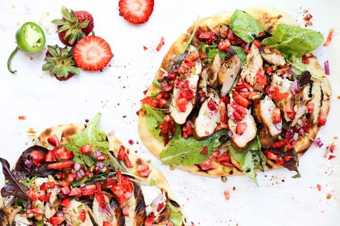 Overhead view of two Grilled Balsamic Chicken Salad pizzas