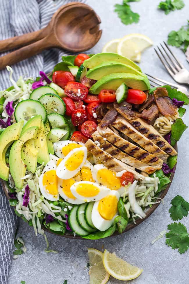 Overhead view of cobb salad recipe for Memorial Day. 