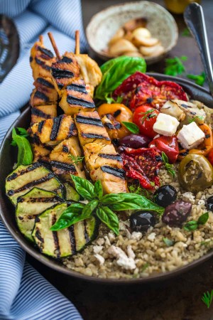 Grilled Greek Chicken Souvlaki Quinoa Brown Rice Bowls are the perfect easy weeknight meal