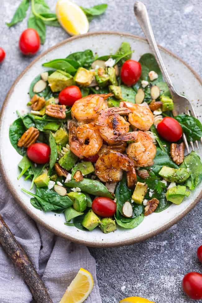 Overhead view of a bowl of Grilled Shrimp Avocado Salad 