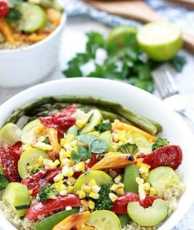 Grilled Vegetable Quinoa Salad - The best and easiest quinoa salad loaded with grilled sweet peppers, zucchini, asparagus, snap peas & corn makes a healthy & delicious light summer meal.