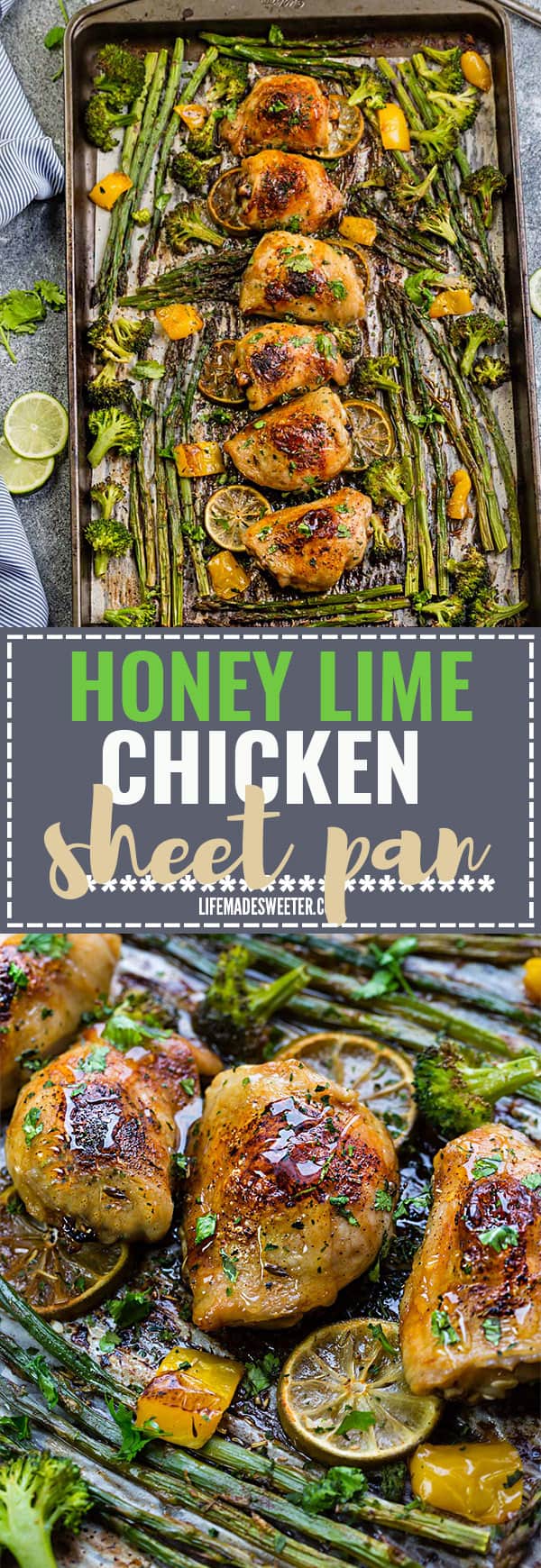 This Easy Honey Lime Chicken Sheet Pan recipe is the perfect easy dinner for busy weeknights. Best part of all, made in just ONE sheet pan and full of tender asparagus and broccoli. Best of all, is great for weekly Sunday meal prep or leftovers are great for lunch bowls for work or school.