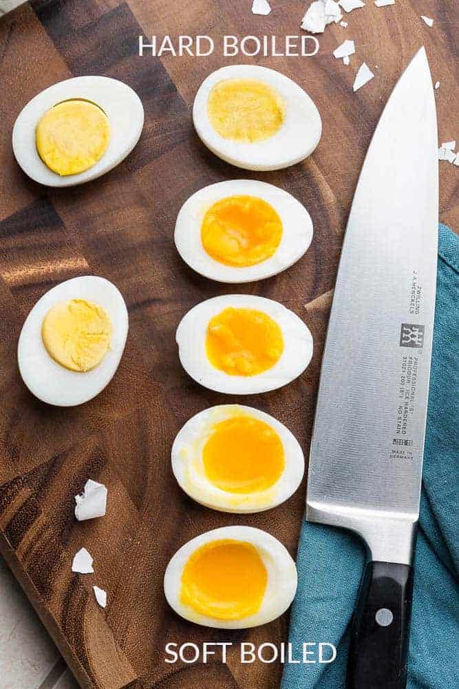 A Line of Eggs Ranging From Soft Boiled to Hard Boiled