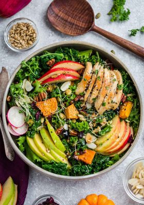 Harvest Fall Salad is full of hearty autumn vegetables, in season fruit with a simple apple cider vinaigrette. Made with kale, endive, chicken, crispy apples, pears, roasted pumpkin, cranberries and crunchy pecans. Best of all, with low carb, keto, paleo & whole 30 options.