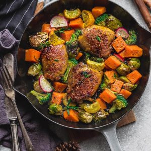 Instant Pot Harvest Chicken with Vegetables - the perfect easy low carb / keto-friendly complete meal for fall. Best of all, this pressure cooker chicken recipe cooks up tender, juicy and full of flavor with Brussels sprouts, pumpkin, broccoli and yellow zucchini. Includes instructions for the Instant Pot & stovetop.
