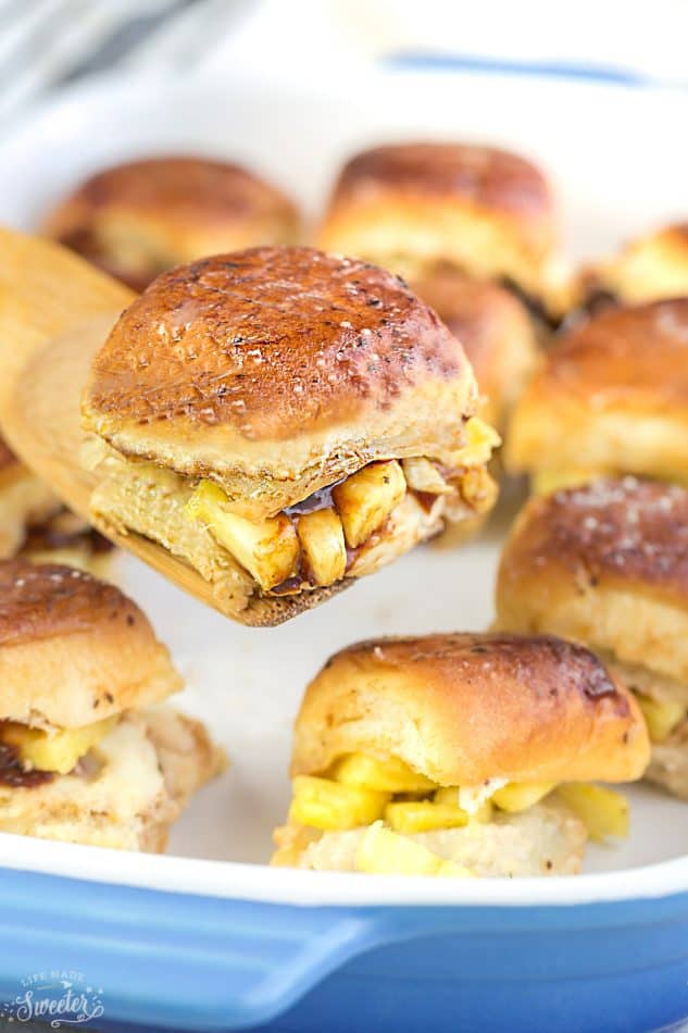 Hawaiian Chicken Sliders are the perfect easy appetizers for feeding a crowd. Best of all, they come together in less than 30 minutes with tender chicken, sweet pineapples and gooey cheese. Serve these delicious burgers for game day, summer parties, barbecues and potlucks!
