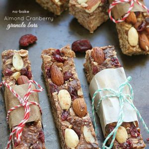 Healthy Almond Cranberry Granola Bars by ---- @LifeMadeSweeter - These chewy no-bake almond and cranberry granola bars make a healthy, satisfying snack that are made with no butter, sugar free, vegan and are gluten free with certified gluten free oats.