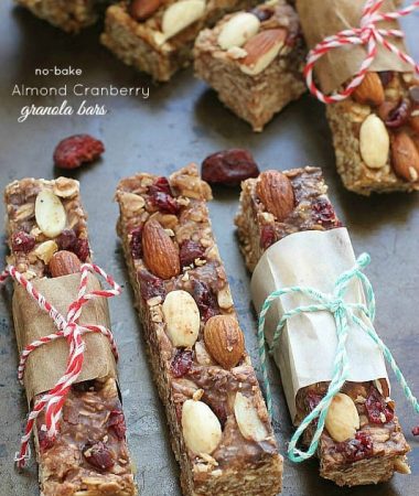 Healthy Almond Cranberry Granola Bars by ---- @LifeMadeSweeter - These chewy no-bake almond and cranberry granola bars make a healthy, satisfying snack that are made with no butter, sugar free, vegan and are gluten free with certified gluten free oats.