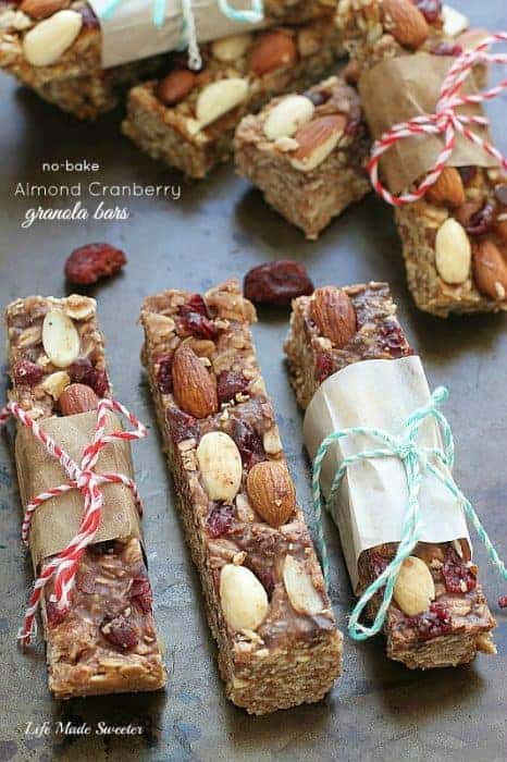 Healthy Almond Cranberry Granola Bars by ---- @LifeMadeSweeter - These chewy no-bake almond and cranberry granola bars make a healthy, satisfying snack that are made with no butter, sugar free, vegan and are gluten free with certified gluten free oats.