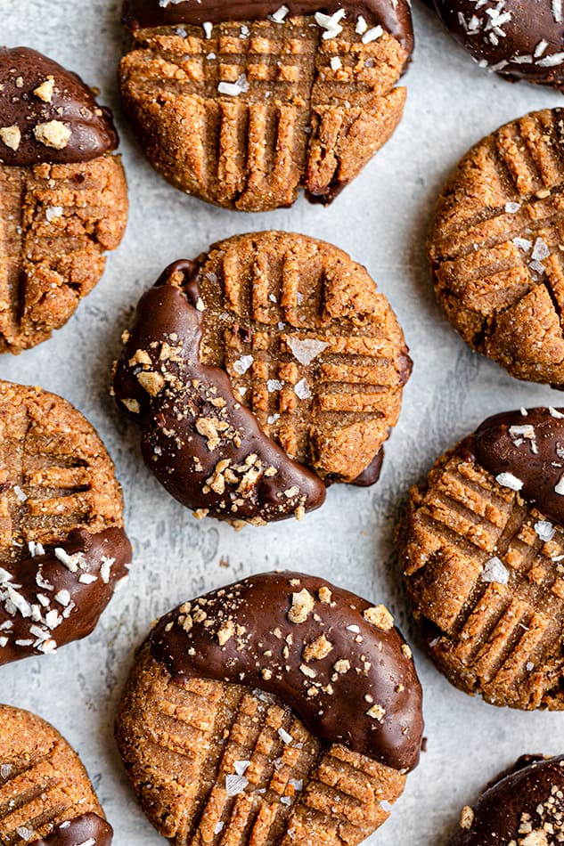 Close-up of chocolate-dipped almond flour cookies