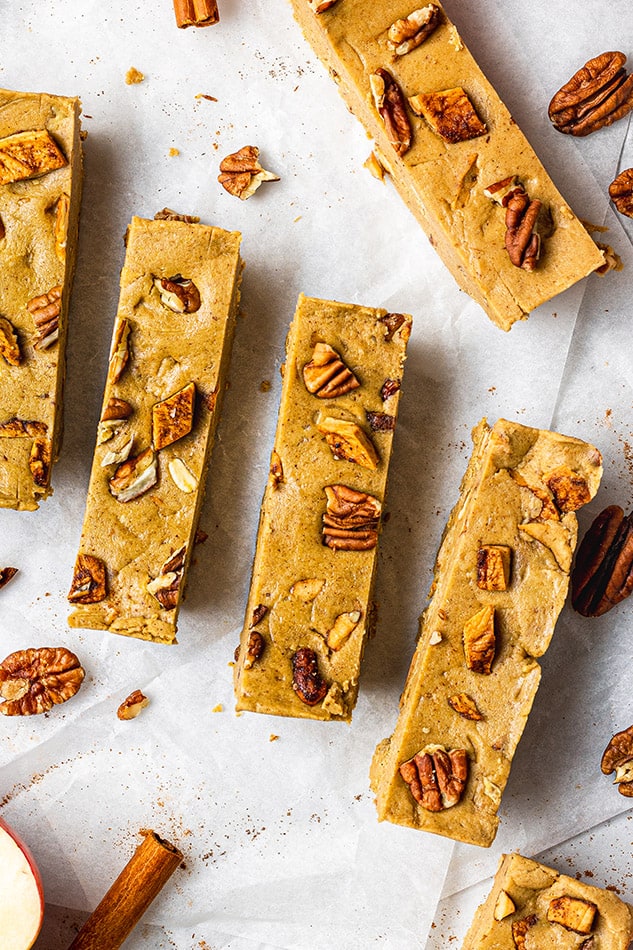 Overhead view of apple pie protein bars with pecans