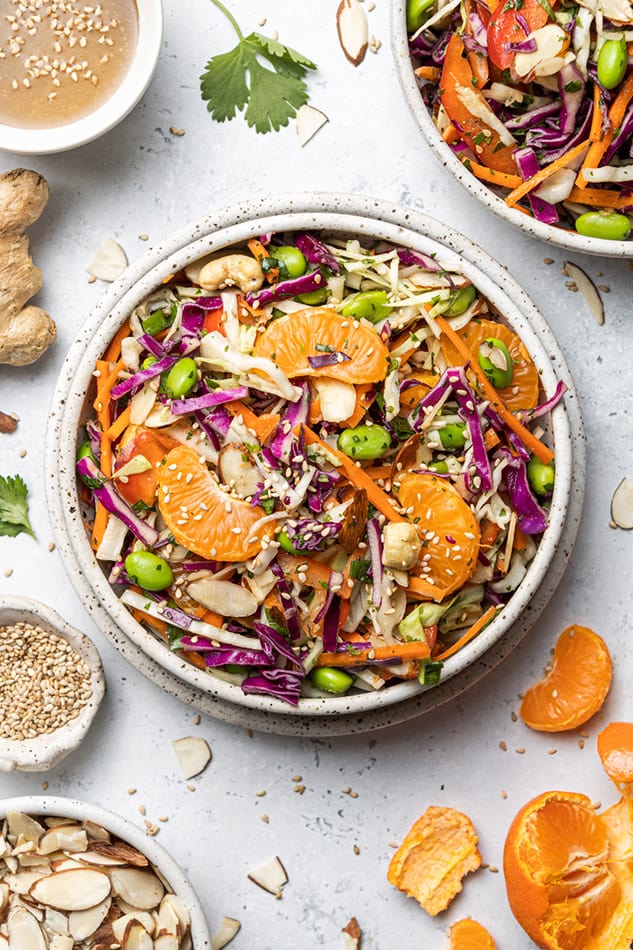 Overhead shot of a portion of Asian Cabbage Salad in a white bowl