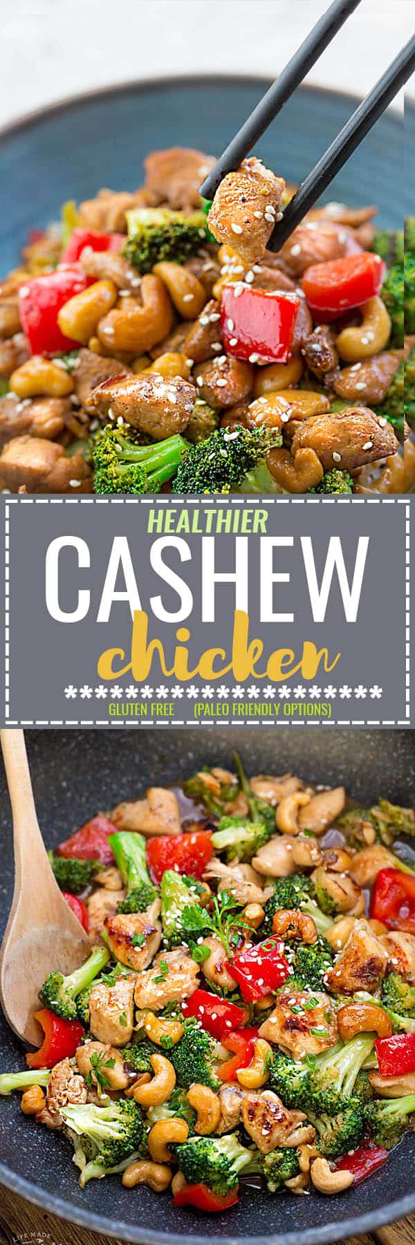 Healthy Cashew Chicken - an easy 20 minute guilt-free gluten free skinny version (plus paleo friendly options) of the popular classic Chinese takeout dish. Plus a serving of tender crisp broccoli and red bell peppers for a healthier meal. Best of all, this recipe comes together in less than 30 minutes in just one pan and perfect for busy weeknights!