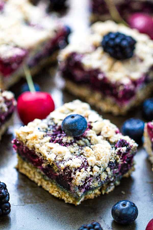 Top view of paleo cherry pie bars on a baking sheet