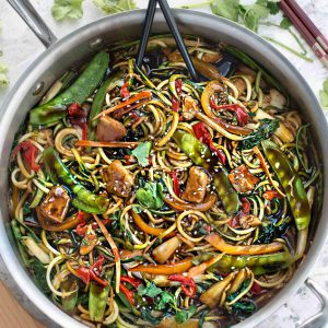 Healthy Chicken Chow Mein Zoodles in a skillet