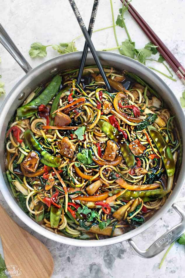 Healthy Chicken Chow Mein Zoodles in a skillet