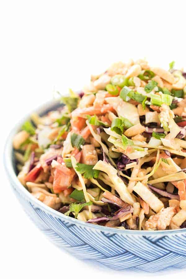 Side view of a bowl of Healthy Chinese Chicken Salad