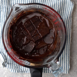 Overhead view of dark chocolate melting in a double boiler
