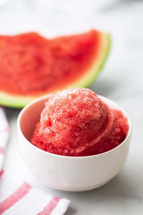 Side photo of easy watermelon sorbet in a white bowl