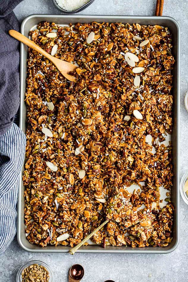 Top view of healthy granola on a baking sheet