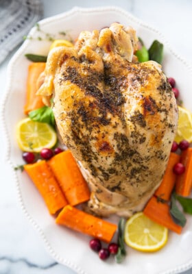 Top close-up view of Instant Pot Turkey breast on a white plate with vegetables