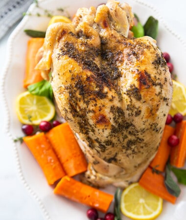 Top close-up view of Instant Pot Turkey breast on a white plate with vegetables