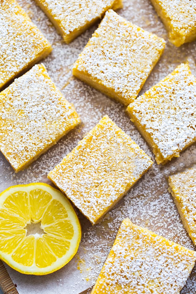 Overhead view of Lemon Bars dusted with powdered sugar