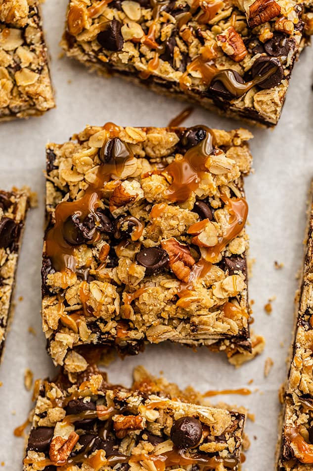 Overhead view of Healthy Oatmeal Bars with caramel drizzle