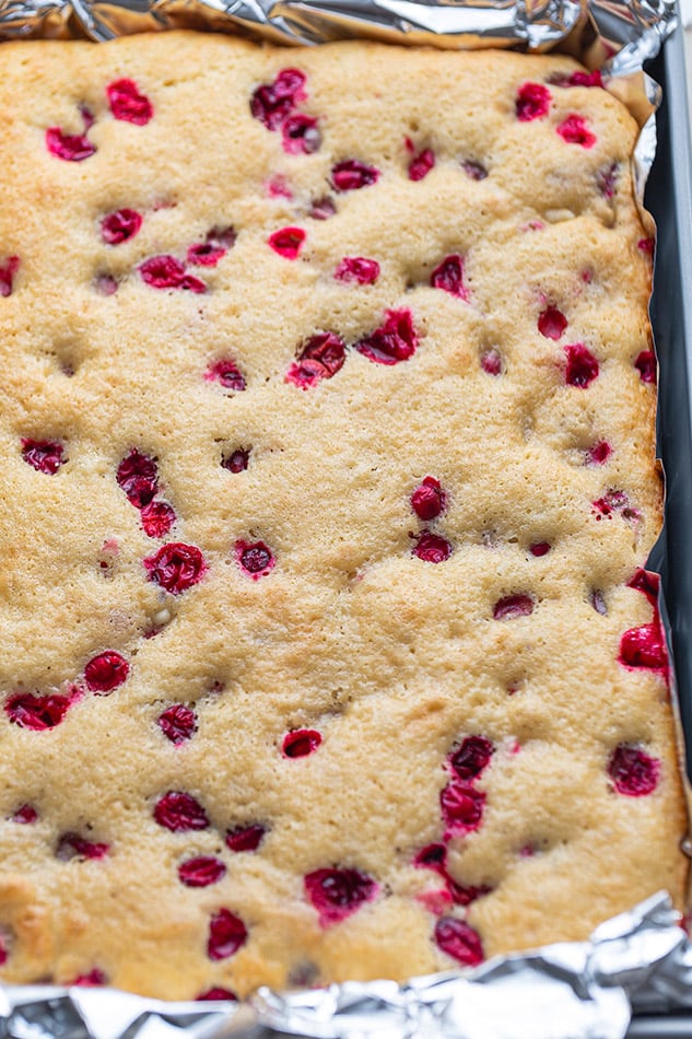 Top view of baked cranberry coffee cake in a cake pan