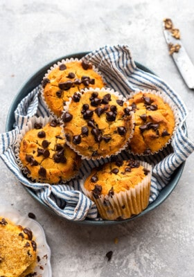 Top view of 6 healthy pumpkin muffins in a bowl on a grey background