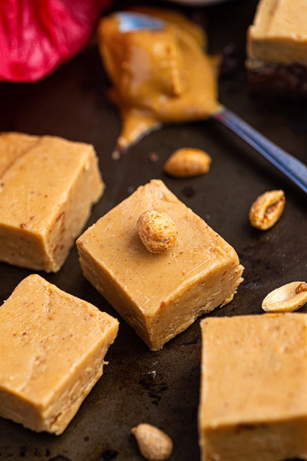 Close-up view of squares of peanut butter fudge