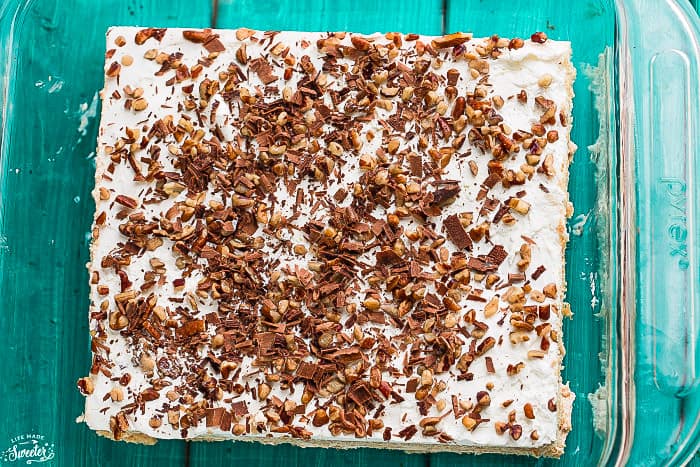 No Bake Peanut Butter Icebox Cake in a square glass pan