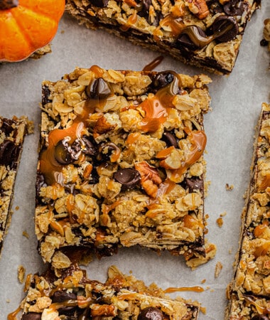 Overhead view of Pumpkin Oatmeal Bars with caramel drizzle