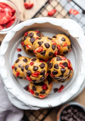 Top view of keto cookie dough bites in a white bowl