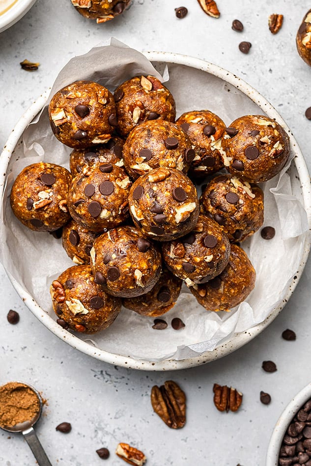 Overhead view of Pumpkin Energy balls in a paper-lined bowl