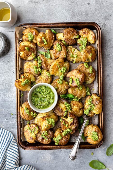 Crispy Smashed Potatoes with Pesto | Easy Vegan Side Dish Recipe