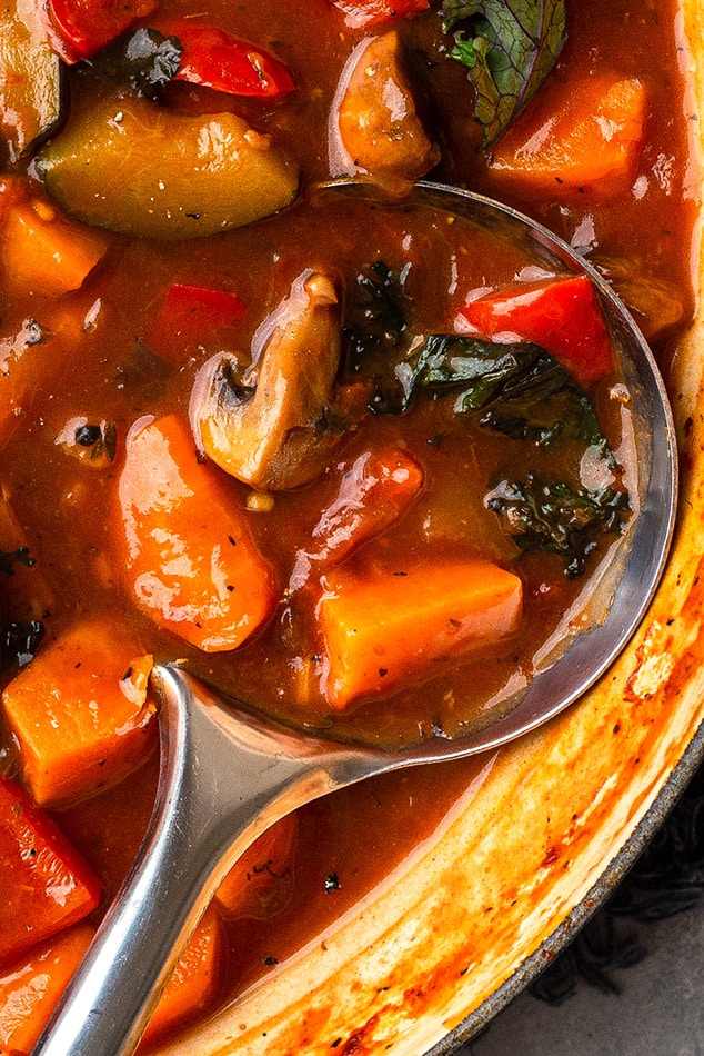 Close up view of vegan stew in a pot