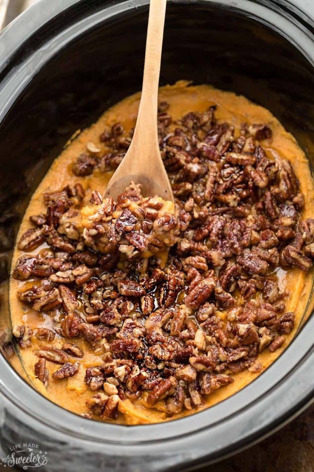 Slow Cooker Paleo Sweet Potato Casserole makes the perfect healthy and easy side dish for Thanksgiving or the Christmas holiday. Best of all, it's made in your crock pot so you can free up your oven! No preboiling required!