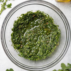 Top view of blended homemade chimichurri sauce in a glass bowl