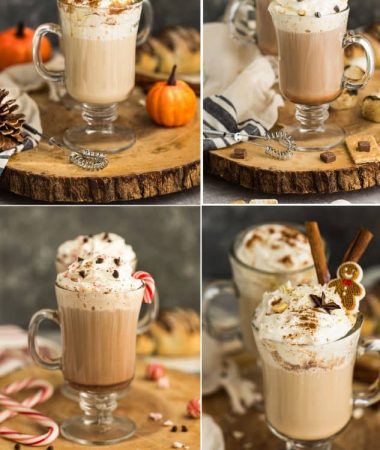 Collage of 4 varieties of homemade lattes in glasses