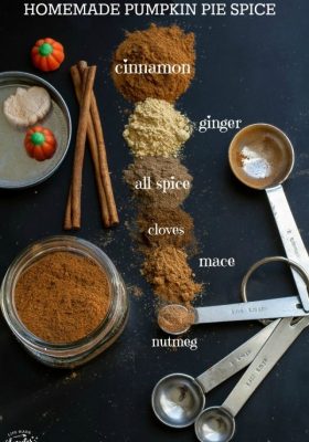 Top view of spices on a black background with labels to make pumpkin pie spice