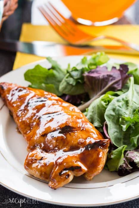 Honey balsamic chicken breast on a plate with salad greens