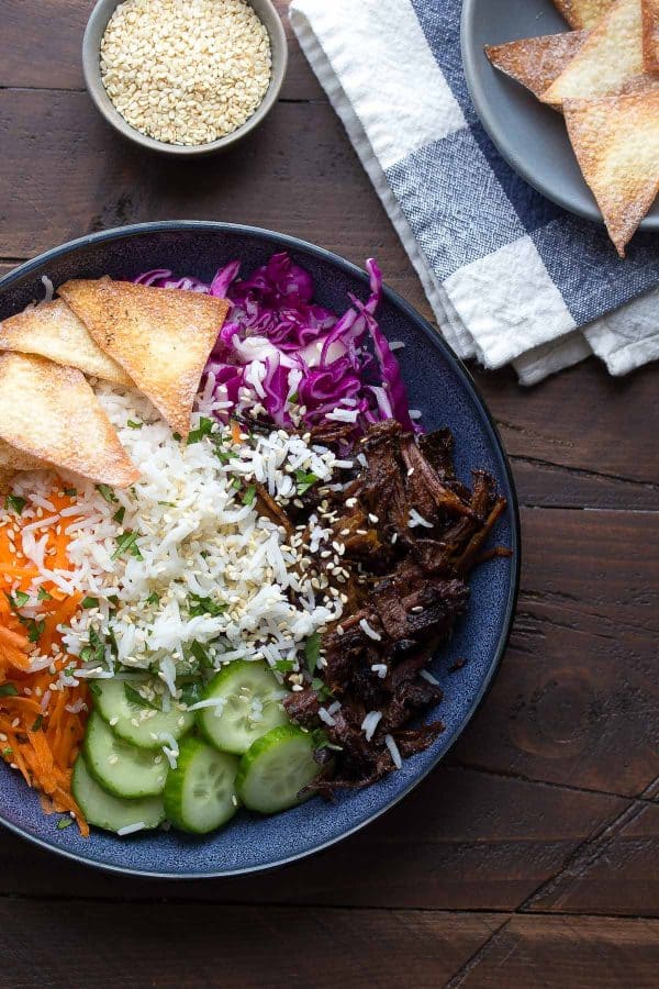 Overhead view of a Honey Garlic Beef rice bowl