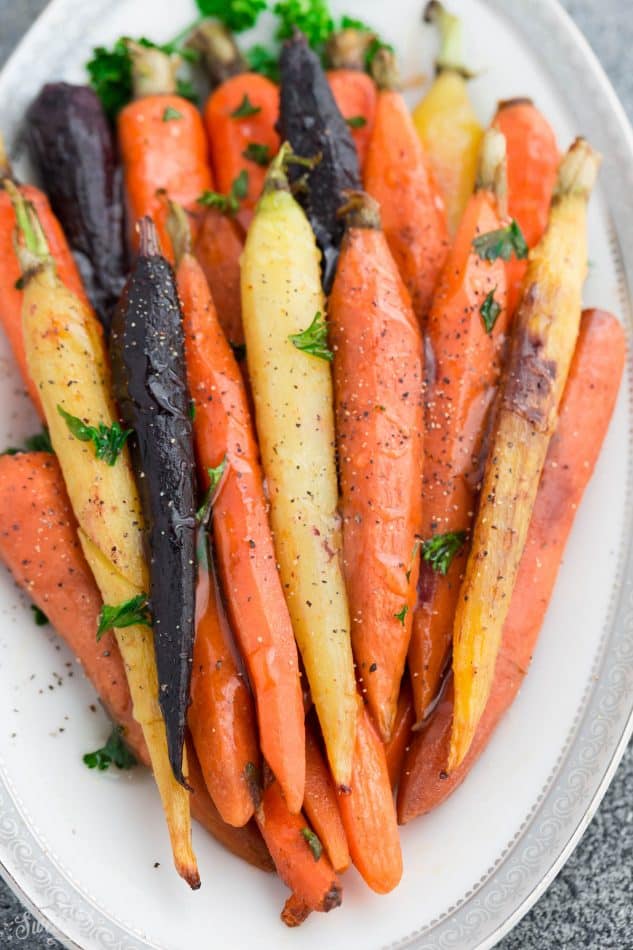 Top view of Honey Roasted Rainbow Carrots on a platter