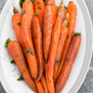 Top view of Honey Roasted Carrots on a platter