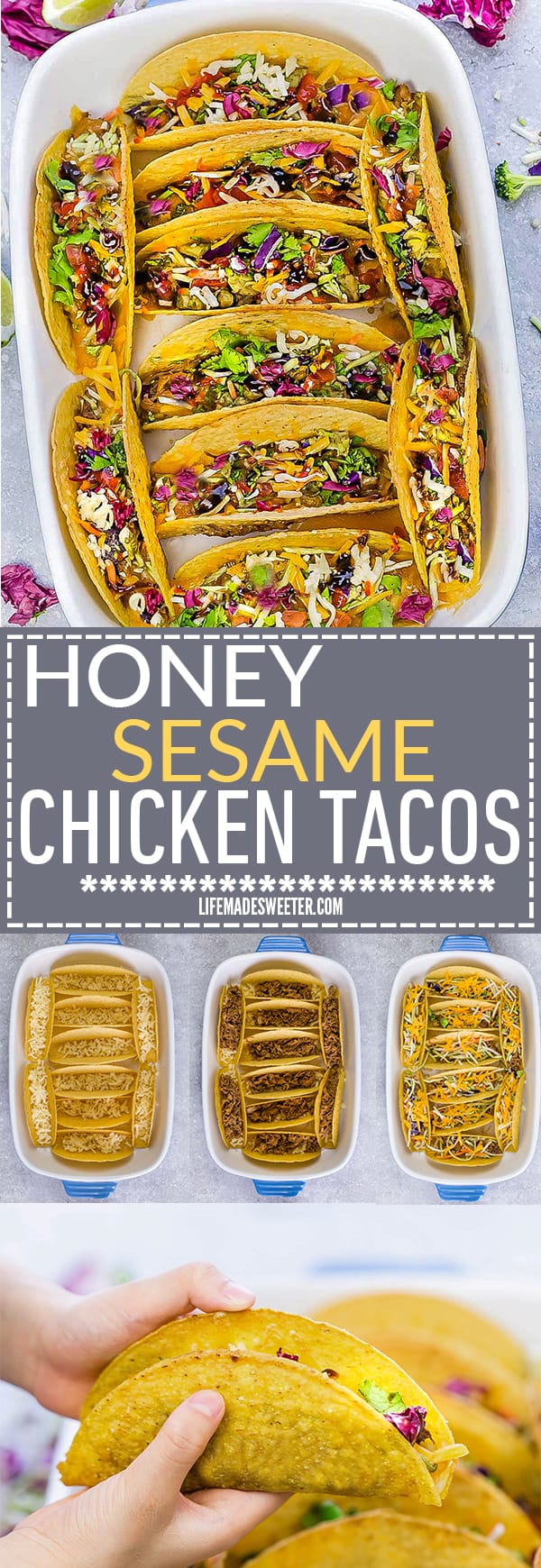 Baked Asian Sesame Chicken Tacos – a simple and delicious recipe perfect for busy weeknights and Cinco de Mayo. Best of all, a short recipe video. Layered with sweet and savory sesame chicken, rainbow vegetables, and a blend of 3 cheeses. Flavor packed and addicting!